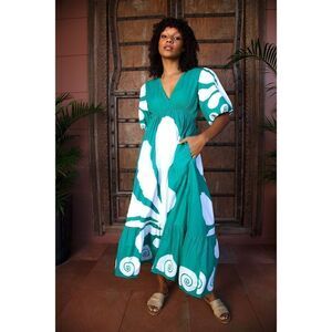 Itami Elda Dress Mayan Green V-Neck midi cotton poplin vacation size 0 NWT $200